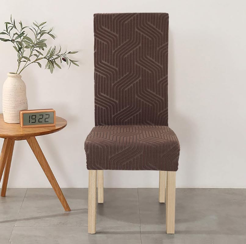 Dining Chair Covers, Removable Washable Elastic Self Jacquard Dining Chair Covers (Set of 6, Coffee)