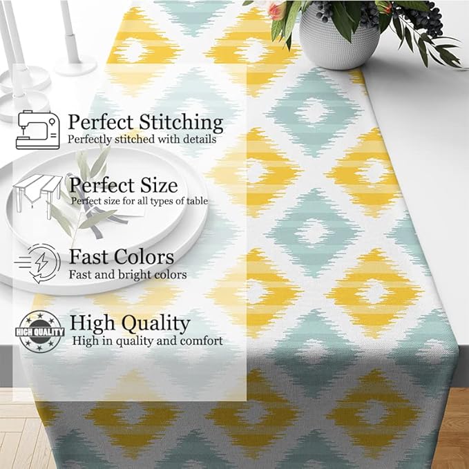 Yellow Teal Printed Poly Cotton Table Runner and Bed Runner (13 x 60 Inches )