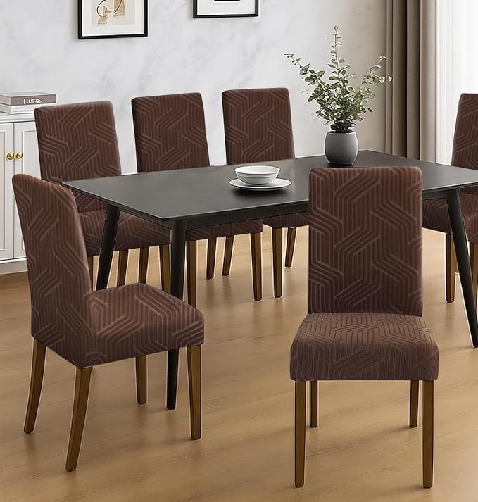 Dining Chair Covers, Removable Washable Elastic Self Jacquard Dining Chair Covers (Set of 6, Coffee)