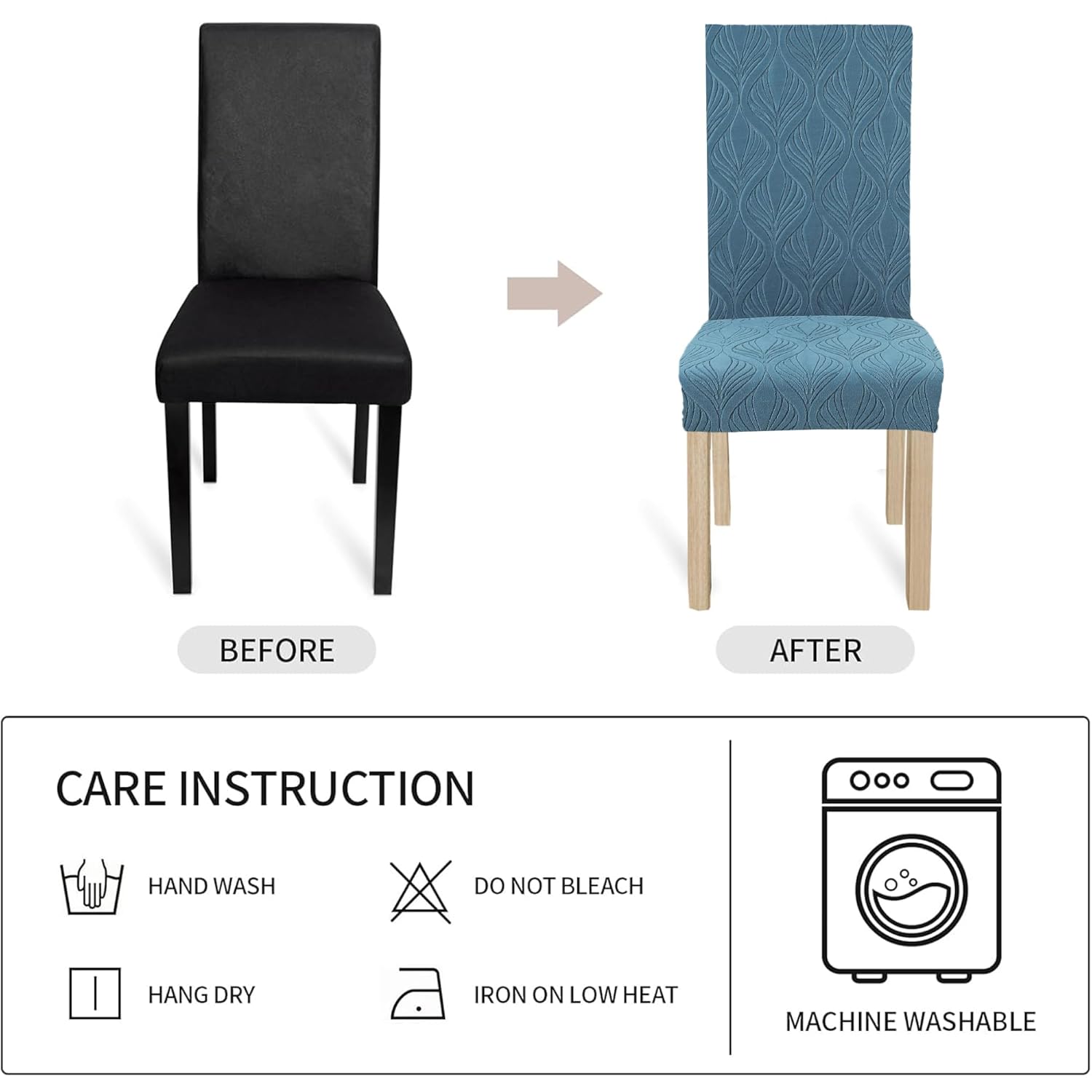 Dining Chair Covers, Removable Washable Elastic Self Jacquard Dining Chair Covers (Set of 6, Botanical Teal Blue)