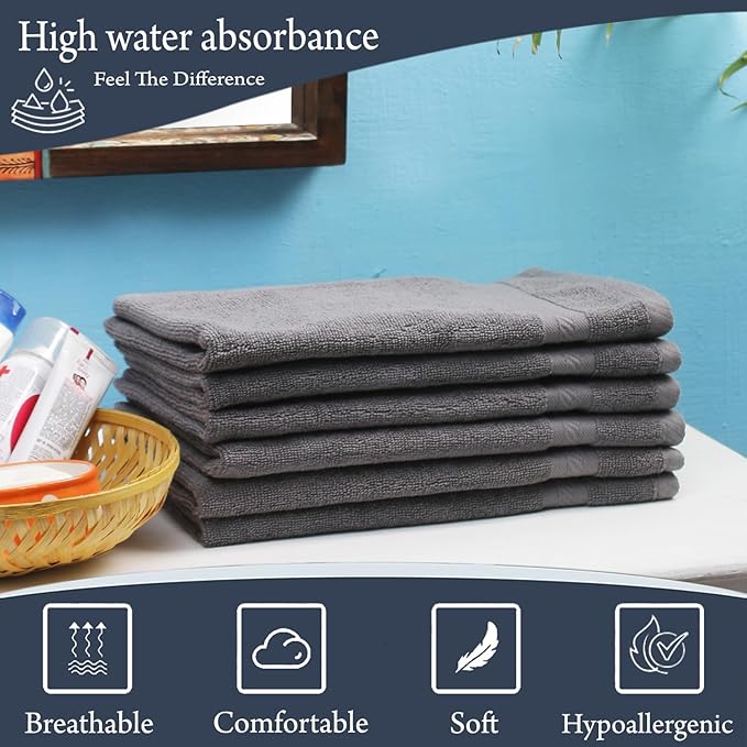 Luxury 500 GSM Hand Towel Napkin Set -6pc, Premium Cotton, Double Stitched, High Absorbent Grey
