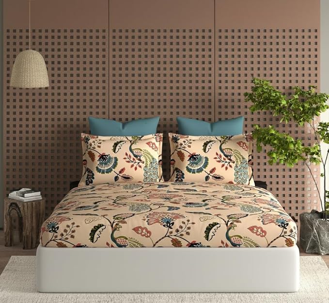 BAPA SITARAM CRAETION Cotton Feel Glace Cotton Elastic Fitted Printed King Size Double Bed Bedsheet with 2 Pillow Cover Fits Up to 8 inches Mattress Size- 72x78x10 Inches,Beige Anokhi