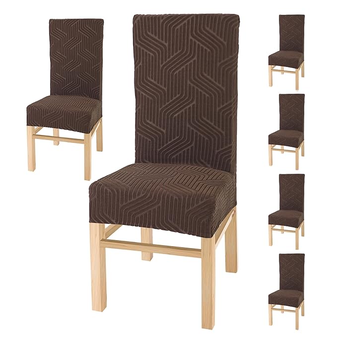 Dining Chair Covers, Removable Washable Elastic Self Jacquard Dining Chair Covers (Set of 6, Coffee)