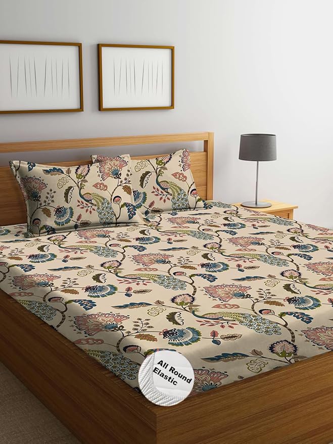 BAPA SITARAM CRAETION Cotton Feel Glace Cotton Elastic Fitted Printed King Size Double Bed Bedsheet with 2 Pillow Cover Fits Up to 8 inches Mattress Size- 72x78x10 Inches,Beige Anokhi