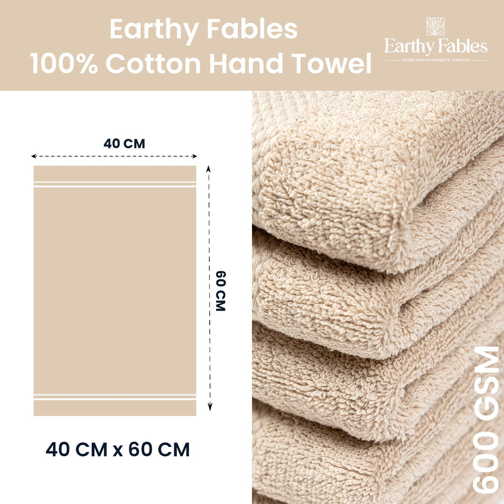 Earthy Fables Premium Hand Towels – 100% Combed Cotton, 600 GSM, Ultra Soft, Quick Dry & Highly Absorbent, for Home, Gym & Travel, 60 x 40 cm, Set of 2 (Beige)
