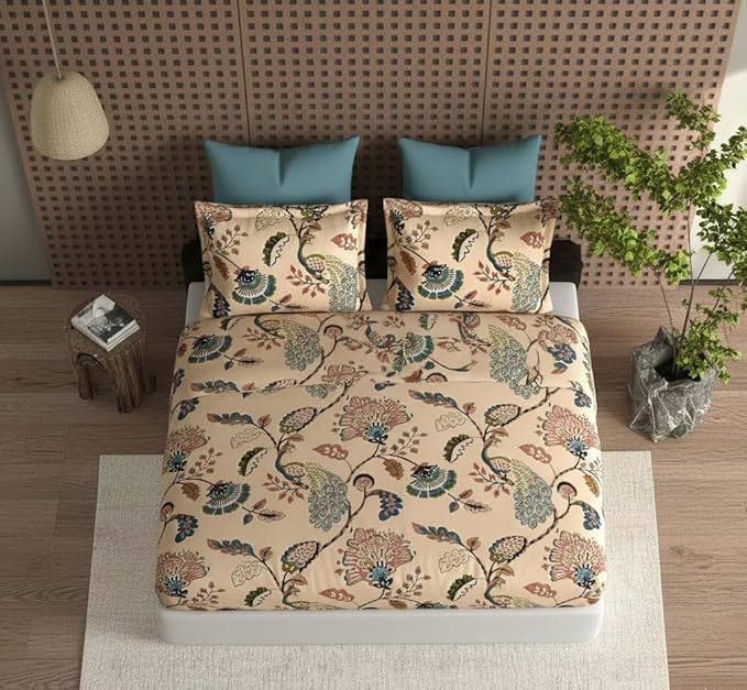 BAPA SITARAM CRAETION Cotton Feel Glace Cotton Elastic Fitted Printed King Size Double Bed Bedsheet with 2 Pillow Cover Fits Up to 8 inches Mattress Size- 72x78x10 Inches,Beige Anokhi