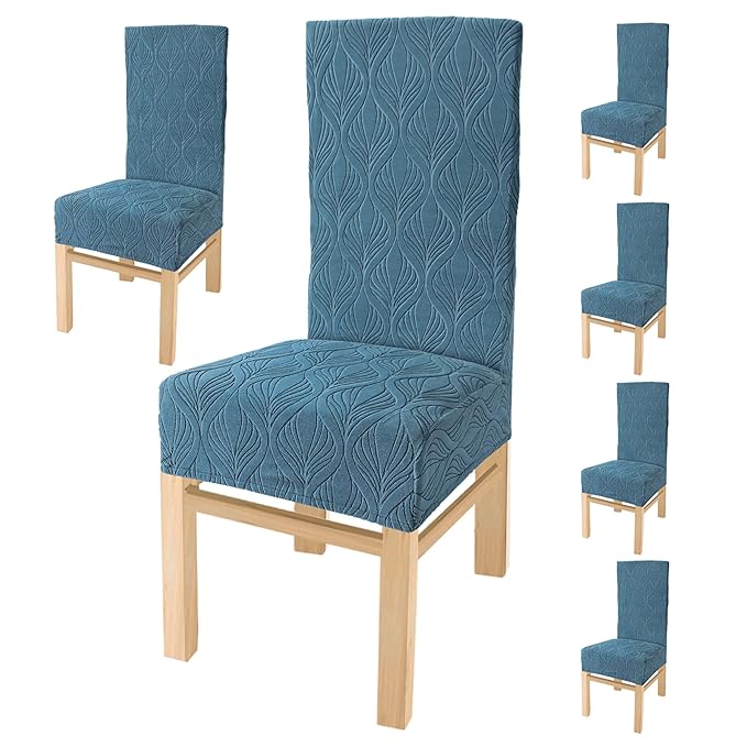 Dining Chair Covers, Removable Washable Elastic Self Jacquard Dining Chair Covers (Set of 6, Botanical Teal Blue)