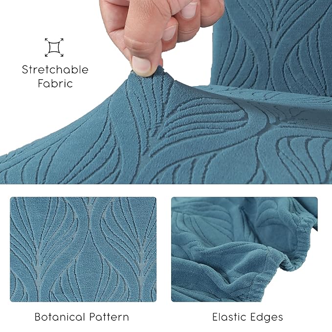 Dining Chair Covers, Removable Washable Elastic Self Jacquard Dining Chair Covers (Set of 6, Botanical Teal Blue)