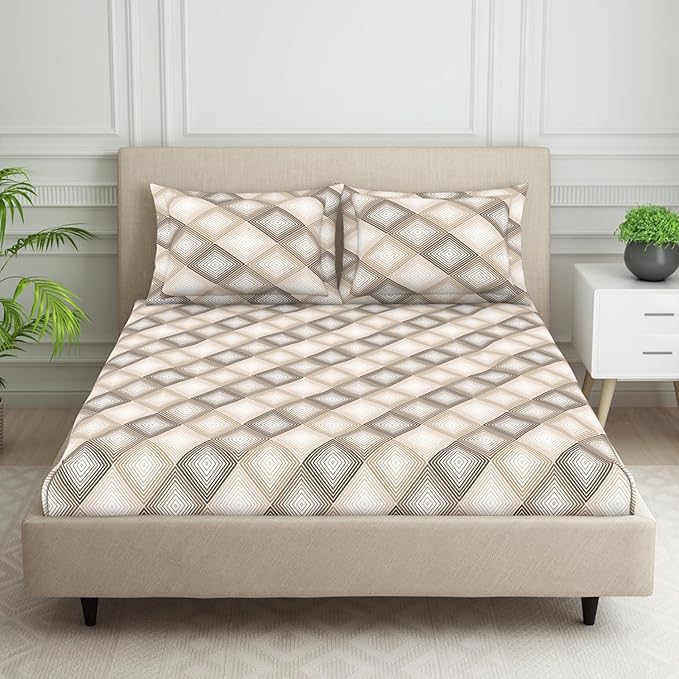 BAPA SITARAM CRATION Polycotton Bedsheet for Double Bed with 2 Pillow Cover  Skin Safe & Super Soft Queen Size Bed Sheet  (88 X 100 Inch) - Geometric Beige  Harmony