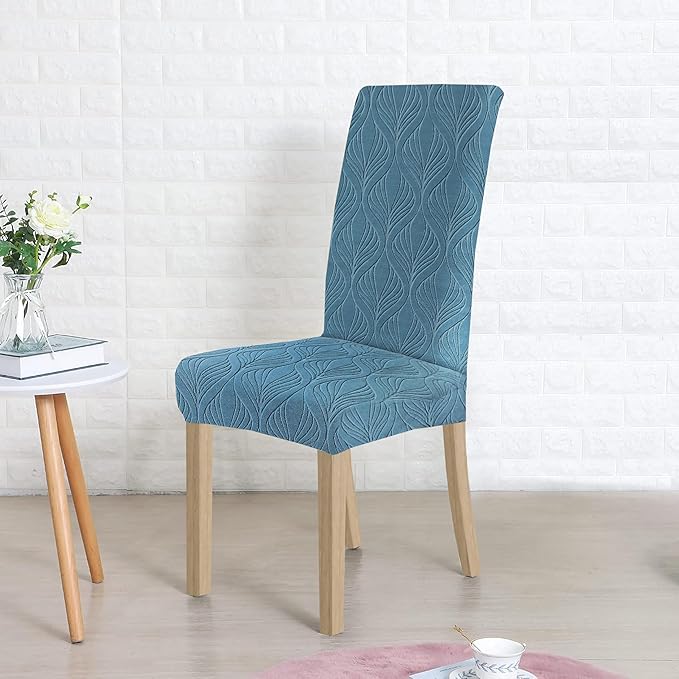 Dining Chair Covers, Removable Washable Elastic Self Jacquard Dining Chair Covers (Set of 6, Botanical Teal Blue)