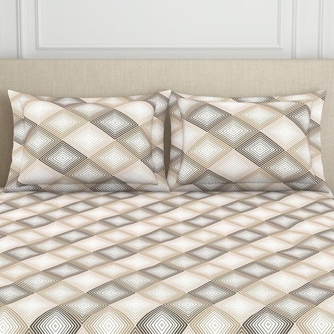 BAPA SITARAM CRATION Polycotton Bedsheet for Double Bed with 2 Pillow Cover  Skin Safe & Super Soft Queen Size Bed Sheet  (88 X 100 Inch) - Geometric Beige  Harmony