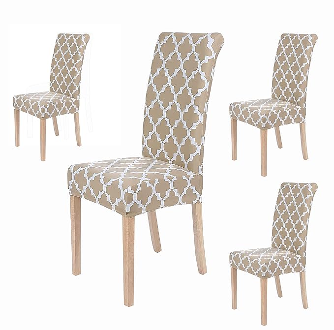 Spandex Printed Chair Cover Stretch Removable Washable (Beige Diamond, Pack of 4)