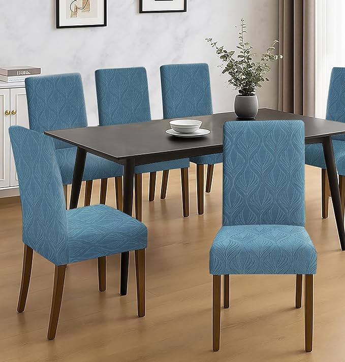 Dining Chair Covers, Removable Washable Elastic Self Jacquard Dining Chair Covers (Set of 6, Botanical Teal Blue)