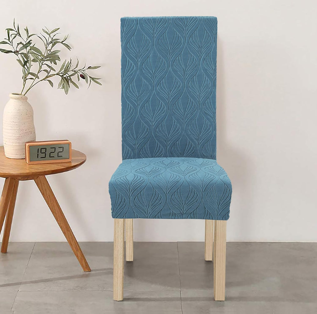 Dining Chair Covers, Removable Washable Elastic Self Jacquard Dining Chair Covers (Set of 6, Botanical Teal Blue)