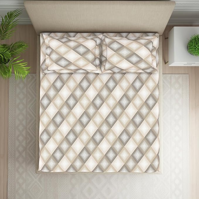 BAPA SITARAM CRATION Polycotton Bedsheet for Double Bed with 2 Pillow Cover  Skin Safe & Super Soft Queen Size Bed Sheet  (88 X 100 Inch) - Geometric Beige  Harmony