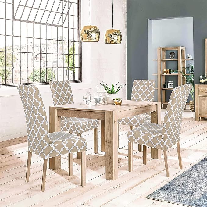 Spandex Printed Chair Cover Stretch Removable Washable (Beige Diamond, Pack of 4)