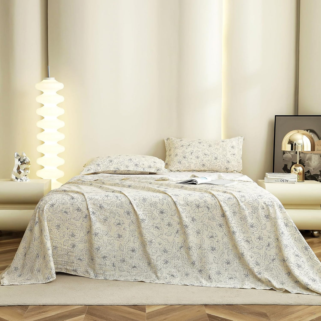 BAPA SITARAM CRAETION King Size Bedsheet  Cloud Cotton Flatsheet King Size with Two Pillow Covers  300 TC  Super Soft Bed Sheet for King Size Bed  Floral Design (270 x 250 cm, Off White & Grey)