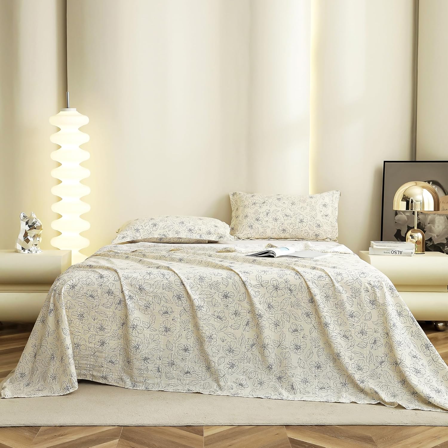 BAPA SITARAM CRAETION King Size Bedsheet  Cloud Cotton Flatsheet King Size with Two Pillow Covers  300 TC  Super Soft Bed Sheet for King Size Bed  Floral Design (270 x 250 cm, Off White & Grey)