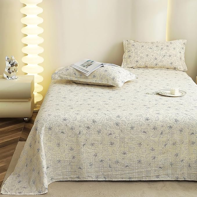 BAPA SITARAM CRAETION King Size Bedsheet  Cloud Cotton Flatsheet King Size with Two Pillow Covers  300 TC  Super Soft Bed Sheet for King Size Bed  Floral Design (270 x 250 cm, Off White & Grey)