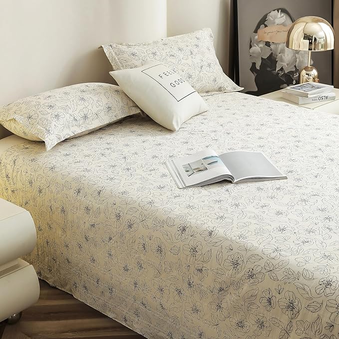 BAPA SITARAM CRAETION King Size Bedsheet  Cloud Cotton Flatsheet King Size with Two Pillow Covers  300 TC  Super Soft Bed Sheet for King Size Bed  Floral Design (270 x 250 cm, Off White & Grey)