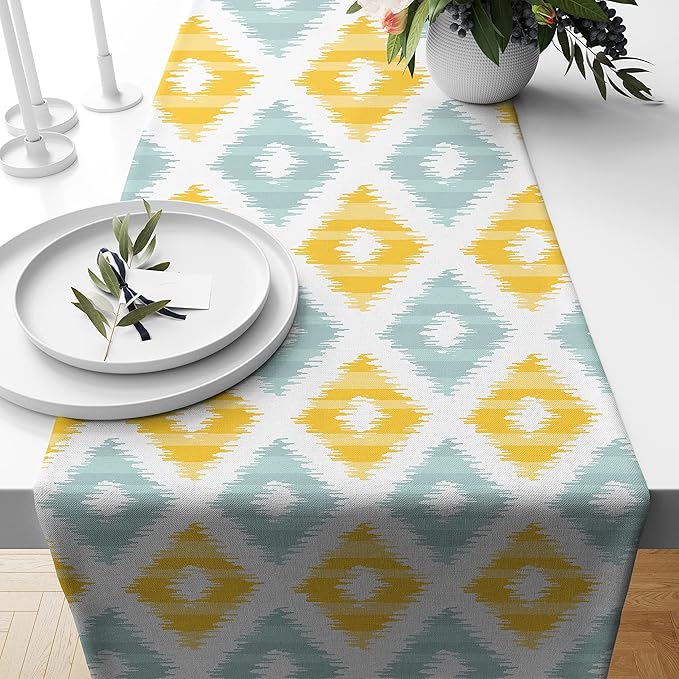 Yellow Teal Printed Poly Cotton Table Runner and Bed Runner (13 x 60 Inches )